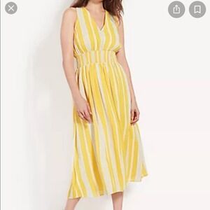 Yellow Striped Midi‎ Dress Sleeveless Smocked Waist Casual Summer Sundress
